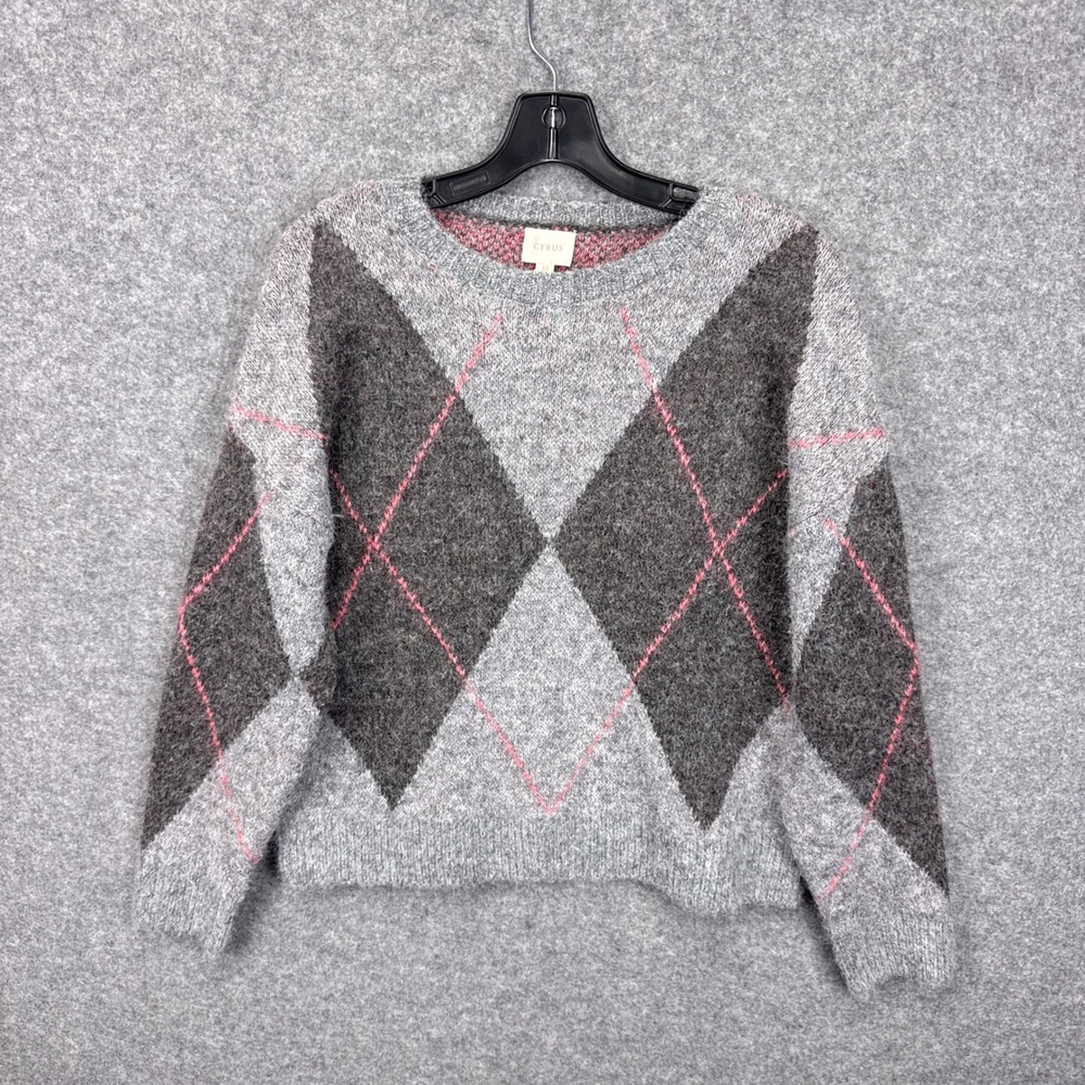 Cyrus Womens Grey Argyle Crewneck Sweater Pink Contrast CV072509 Size M